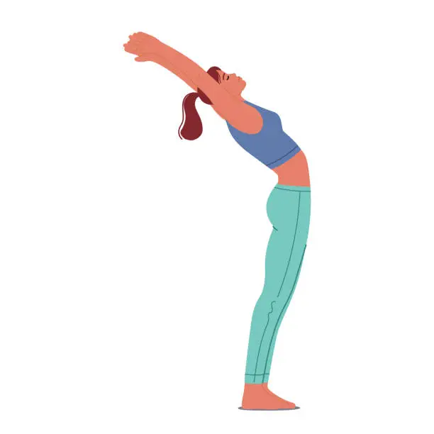 Vector illustration of Woman Gracefully Performing Ardhachakrasana, Also Known As The Half Wheel Pose, Bending Backwards With Arms Raised