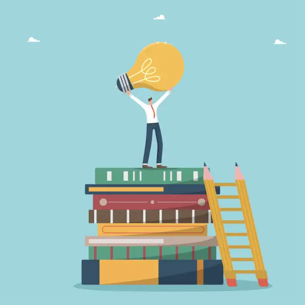 Vector illustration of Man stands on books with light bulb
