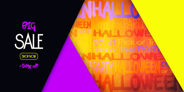 istock Halloween concept in cartoon style. Abstract paper background from colored cardboard with inscriptions. Stylish discount vector web banner or poster. 1564662098