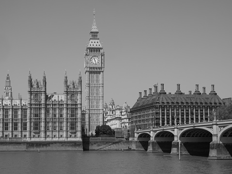 London - June 08, 2023: Houses of Parliament aka Westminster Palace in black and white
