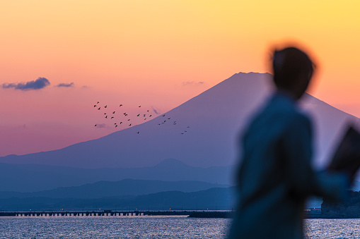Enoshima Coast,Inamuragasaki, Kamakura, Kanagawa ,Japan-March 8 ,2023: Two people at the coast near Enoshima and Inamuragasaki beach in Fujisawa city, Kanagawa, Japan, marvel at the breathtaking view of Mount Fuji at dusk, as a flock of birds gracefully flies overhead.This captivating image features a serene, picturesque twilight scene shot near Enoshima and Inamuragasaki beach in Fujisawa city, Kanagawa prefecture, Japan, with the magnificent Mount Fuji as the focal point. As the sun dips behind the majestic mountain range, the vibrant hues of sunset paint the sky with ethereal beauty. one silhouetted figure stand in the foreground, transfixed by the breathtaking view. High above, a flock of birds gracefully navigates the sky, their silhouettes adding an element of tranquility to the moment. This image perfectly encapsulates a profound sense of wonder and admiration for the natural world.