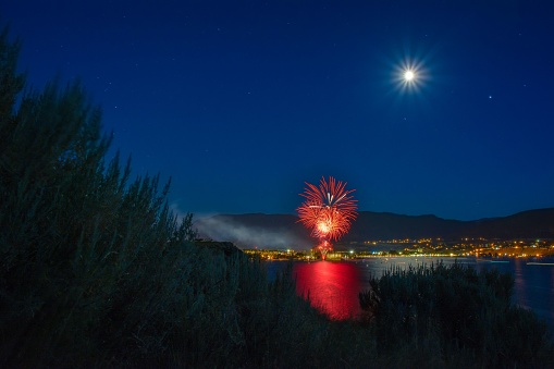 Penticton, Canada – July 02, 2017: An incredible view of a winter wonderland with a breathtaking array of multi-colored fireworks