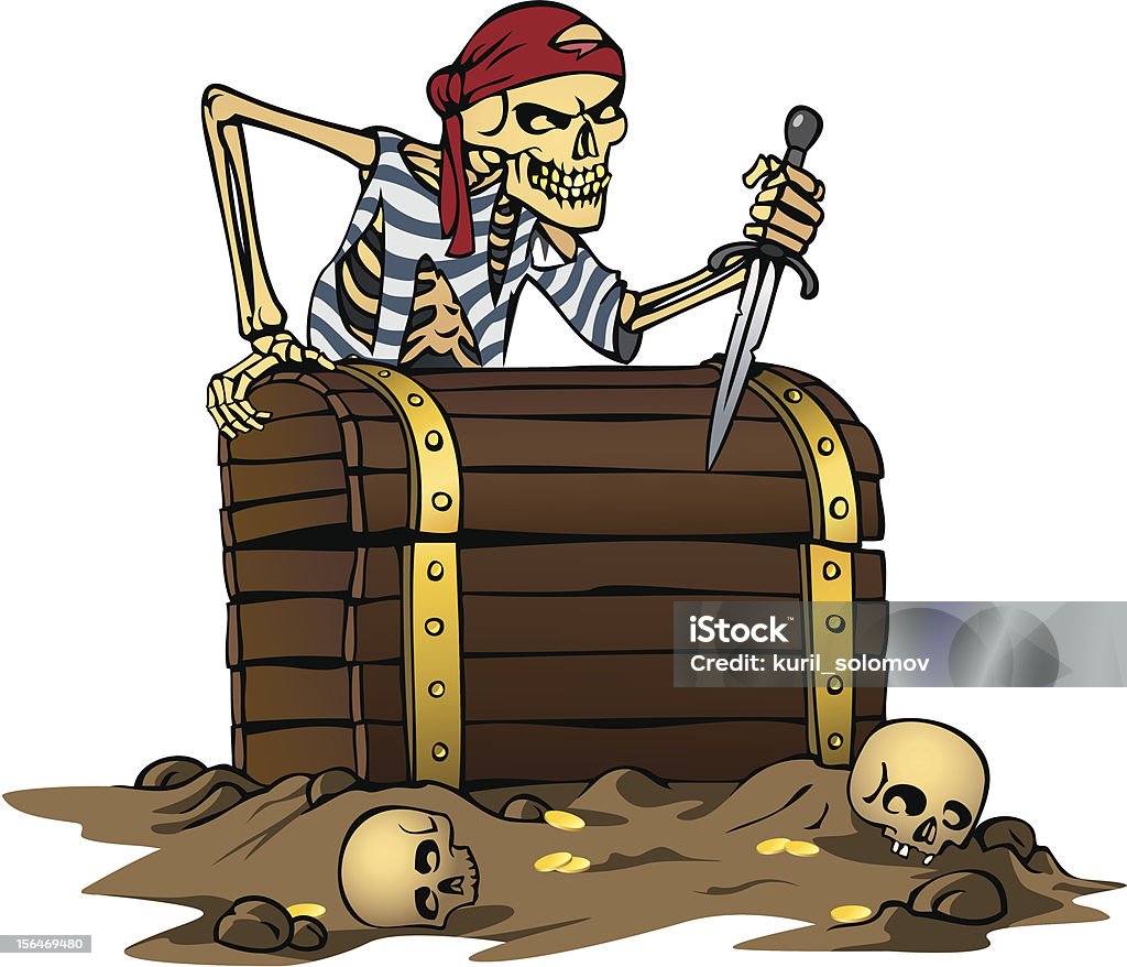 skeleton on chest color vector illustration of pirate skeleton with treasure chest Adventure stock vector