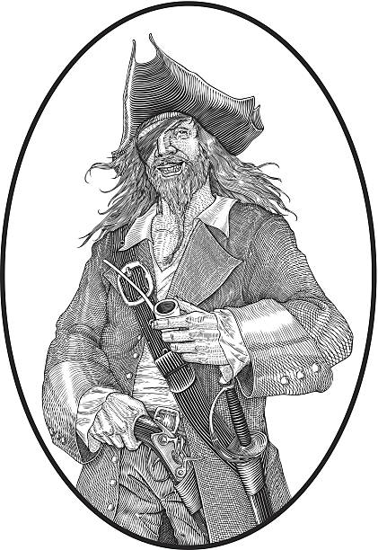 Incredible and well-detailed drawing of a pirate black and white vector illustration of smiling pirate engraving style swashbuckler stock illustrations