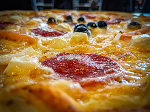 Close up of a pizza on a table
