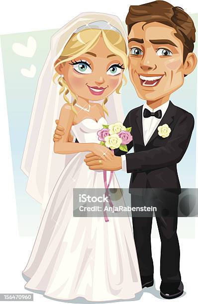 행복함 브라이덜 커플입니다신부 및 신랑 웃는 쥠 시계바늘 신랑-결혼식 역할에 대한 스톡 벡터 아트 및 기타 이미지 - 신랑-결혼식 역할, 신부, 웨딩드레스