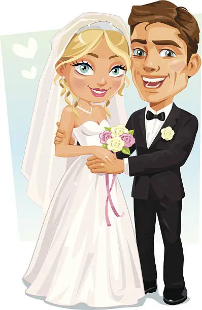 Vector illustration of Happy Bridal Couple - Bride And Groom smiling holding hands