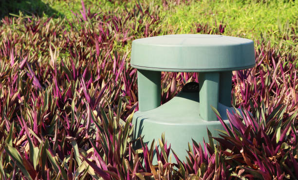 Outdoor speakers installed in garden.