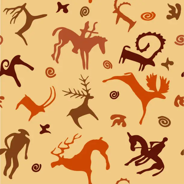 Vector illustration of Seamless pattern on the theme of rock paintings of Central Asia