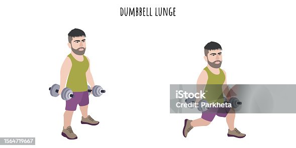 istock Undersized man doing dumbbell lunge exercise 1564719667