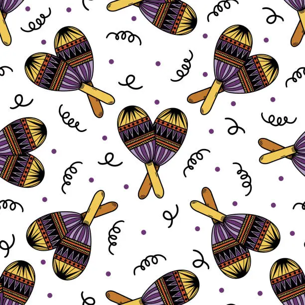 Vector illustration of Maracas seamless vector pattern. Mexican folk musical instrument for carnival, fiesta, Festa Junina, Cinco de Mayo. Wooden accessory for holidays, bright confetti. Cartoon background for print, web