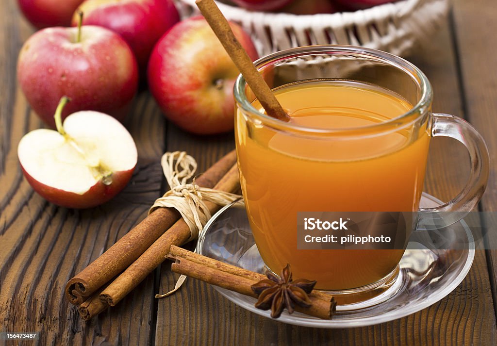 A cup of warm apple cider with cinnamon Hot apple cider with cinnamon stick Hot Apple Cider Stock Photo