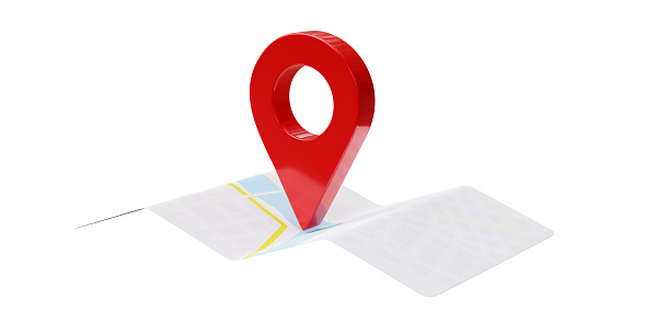 Map and red pin pointer location isolated on white. Travel navigation GPS concept. 3d render