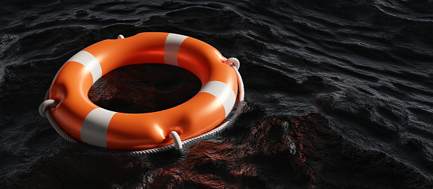 Lifebuoy on dark rippled ocean background. Orange color life buoy ring, marine safety equipment, copy space. 3d render
