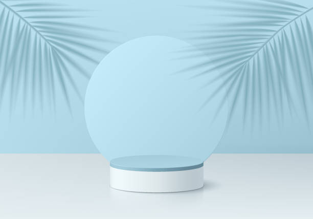 istock 3D blue background. Realistic white and blue cylinder pedestal podium with palm leaf shadow on wall scene. Abstract composition in minimal design. Platforms for product presentation. Stage showcase. 1564743991