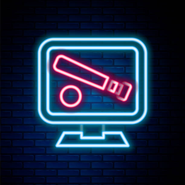 Glowing neon line Monitor with baseball ball and bat on the screen icon isolated on brick wall background. Online baseball game. Colorful outline concept. Vector Glowing neon line Monitor with baseball ball and bat on the screen icon isolated on brick wall background. Online baseball game. Colorful outline concept. Vector. baseball-scorecard stock illustrations
