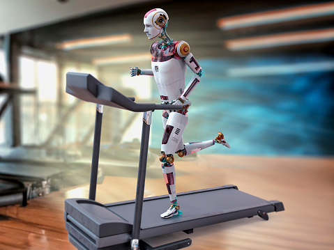 Humanoid robot running on a treadmill in a gym, 3D illustration. Artificial intelligence in sport. Future of technology