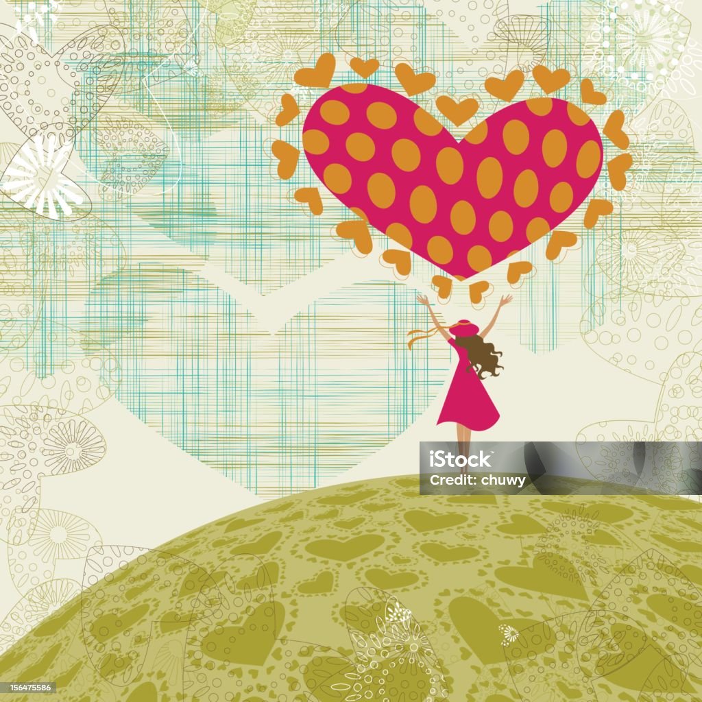 Paisaje de San Valentín con niña y corazón - arte vectorial de Día de San Valentín - Festivo libre de derechos