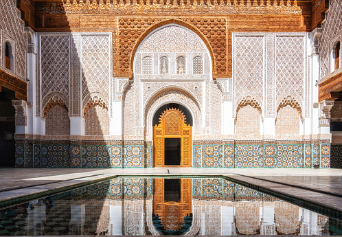 Courtyard of the beautifully restored Ben Youssef Medersa. It is the largest theological school in Morocco. Marrakech