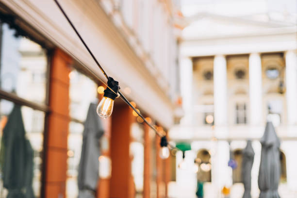 装飾的な屋外ストリートの電気花輪。古い電球。照明用の街路灯の1列 - lighting equipment defocused street light city ストックフォトと画像