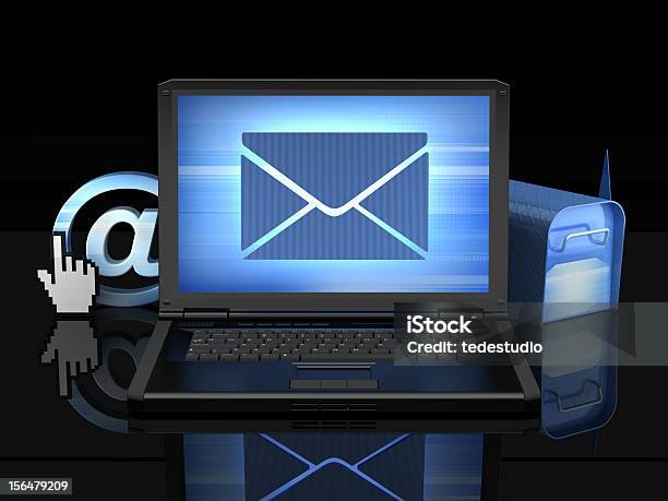 Laptopa Na Czarnym Tleilustracja Koncepcja Email - zdjęcia stockowe i więcej obrazów Ciemnoniebieski - Ciemnoniebieski, Ciemny, Czarny kolor