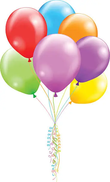 Vector illustration of Multi-colored bunch of balloons tied with curled ribbon