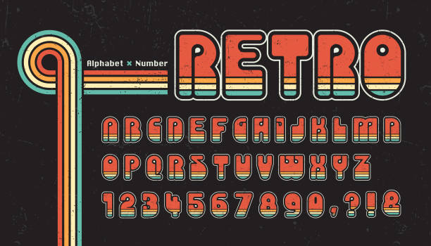 60's, 70's retro lines alphabet letter and number. Seventies nostalgia typographic design. Vintage hippie font or typeface for title, headline, poster, banner, graphic layout, etc.