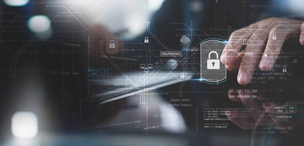 istock Cyber security network, data protection concept. Businessman using laptop and digital padlock with data protection on internet technology and social network. 1564848446