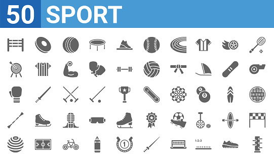 set of 50 sport web icons. filled glyph icons such as kung fu,equestrianism,dodgeball,baton twirling,kickboxing,archery,discus throw,snowboarding. vector illustration