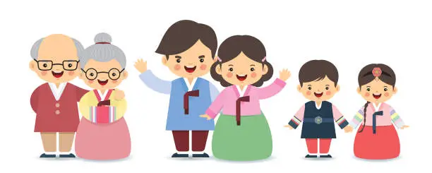 Vector illustration of Cute cartoon Korean family in traditional hanbok