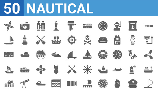 set of 50 nautical web icons. filled glyph icons such as windsurf board,paddles,capsizing,caravel,treasure map,windsail,water resist camera,scow. vector illustration