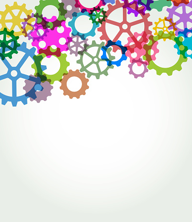 Colourful overlapping silhouettes of Gear or Cog Icons. Cogs, gears, gear - mechanism, technology, speed, machine part, manufacturing equipment, wheel, robotics, ideas, motion, teamwork, order, strategy, control, factory,