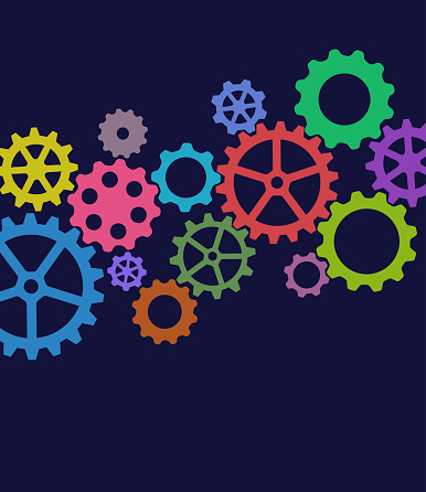 Colourful overlapping silhouettes of Gear or Cog Icons. Cogs, gears, gear - mechanism, technology, speed, machine part, manufacturing equipment, wheel, robotics, ideas, motion, teamwork, order, strategy, control, factory,