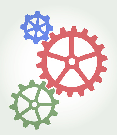 Colourful overlapping silhouettes of Gear or Cog Icons. Cogs, gears, gear - mechanism, technology, speed, machine part, manufacturing equipment, wheel, robotics, ideas, motion, teamwork, order, strategy, control, factory,
