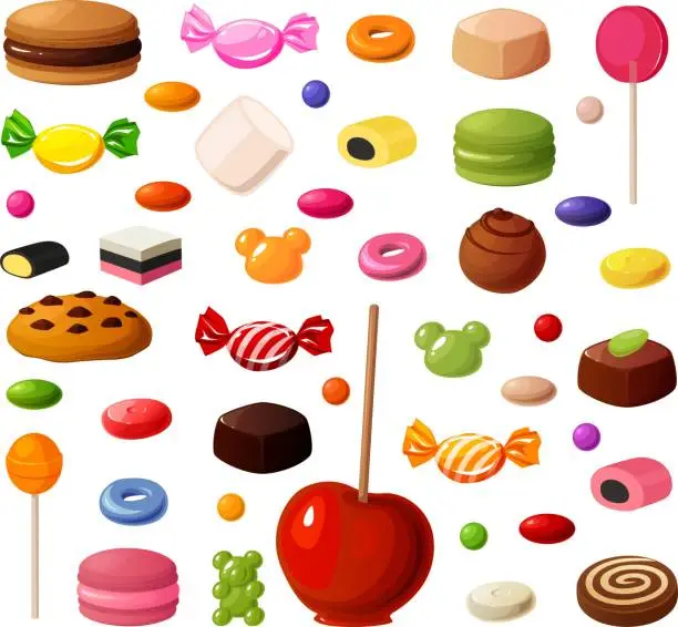 Vector illustration of Cute vector illustration of various kinds of mixed candy, gummy, licorice, chocolate and cookies.