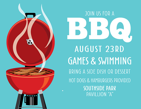 A fun barbecue invitation template on a teal background with placeholder text.