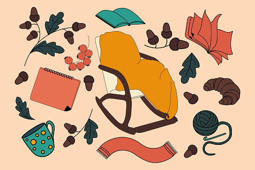 Big autumnal set. Cartoon colorful illustration with autumn symbols and attributes