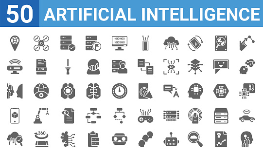 set of 50 artificial intelligence web icons. filled glyph icons such as robot,geolocation,solution,ar,turing test,motion,drone,touch screen. vector illustration