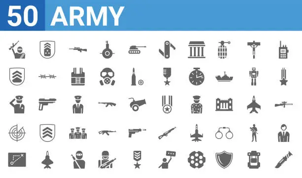 Vector illustration of set of 50 army web icons. filled glyph icons such as military knife,rebellion,military strategy,militar radar,salute,general,lieutenant,veteran. vector illustration