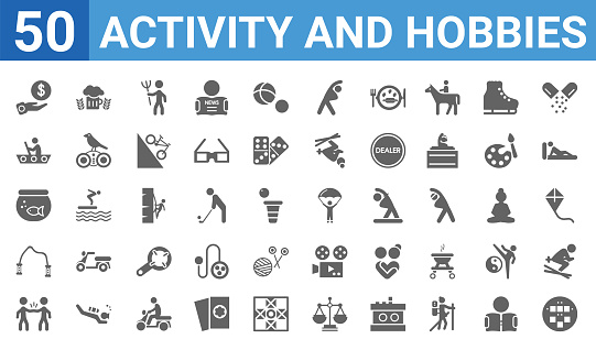 set of 50 activity and hobbies web icons. filled glyph icons such as pachinko,collecting,meeting with a friend,jump rope,aquarium,boat race,brewing,gliding parachutist. vector illustration
