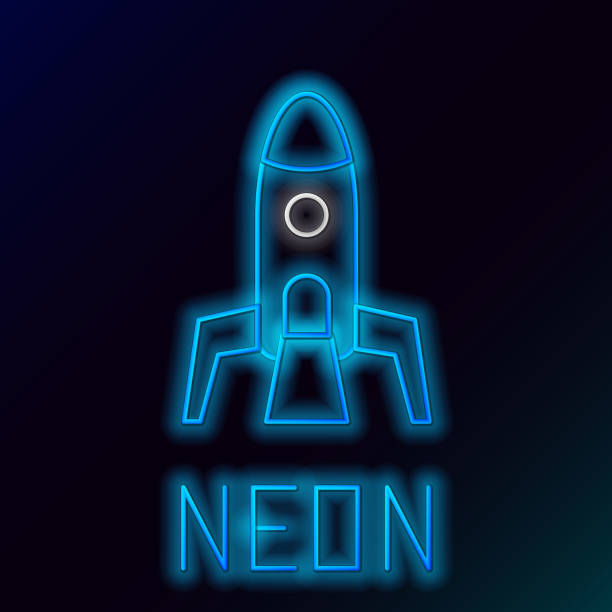 istock Glowing neon line Rocket ship icon isolated on black background. Space travel. Colorful outline concept. Vector 1564899646