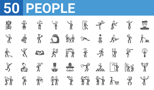set of 50 people web icons. filled glyph icons such as flag semaphore language,king in his throne,slap,dancing man,war prisioner,man walking and smoking,getting dressed,boy angel head. vector
