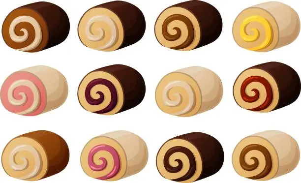 Vector illustration of Cute vector illustration of various cake swiss roll slices with fillings and toppings.