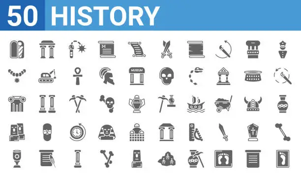 Vector illustration of set of 50 history web icons. filled glyph icons such as foot print,mummy,bowl,staff,pillars,bracelet,arc,guide. vector illustration