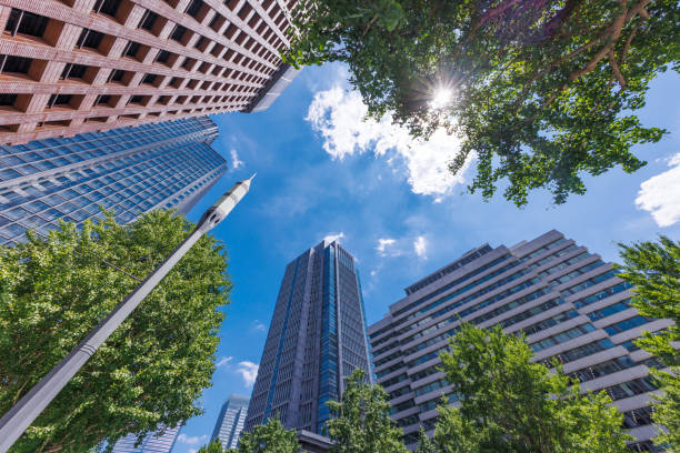 istock Beautiful blue sky and city buildings 1564914401
