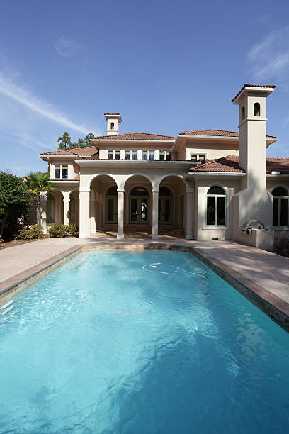 istock A house beside a swimming pool under the blue sky 156491461