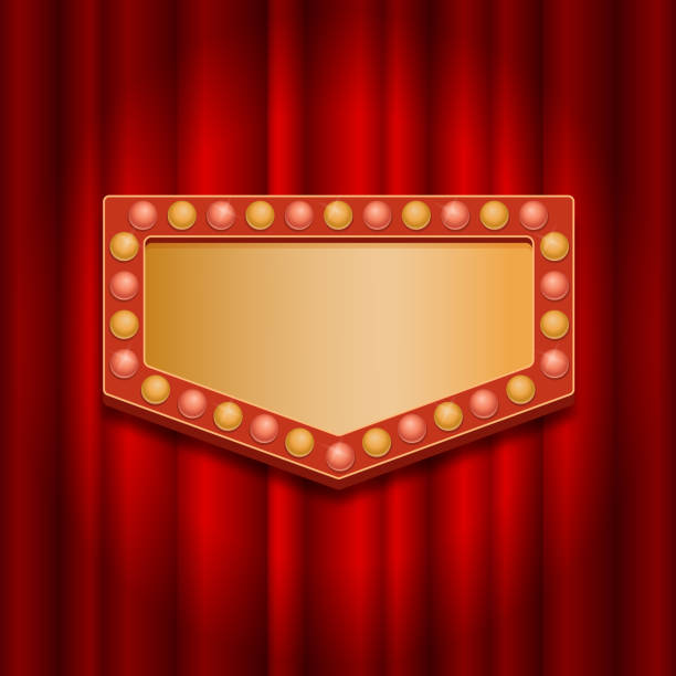 istock Frame template in retro style with light bulbs on the background of a red curtain. Banner for circus, casino, show. 1564922013