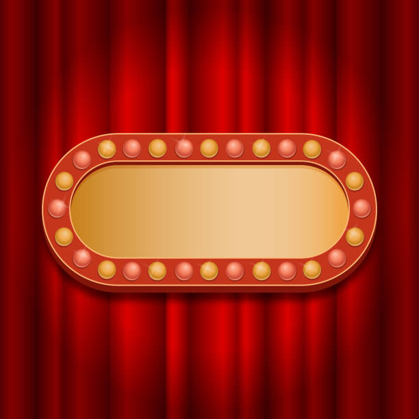 istock Frame template in retro style with light bulbs on the background of a red curtain. Banner for circus, casino, show. 1564922039