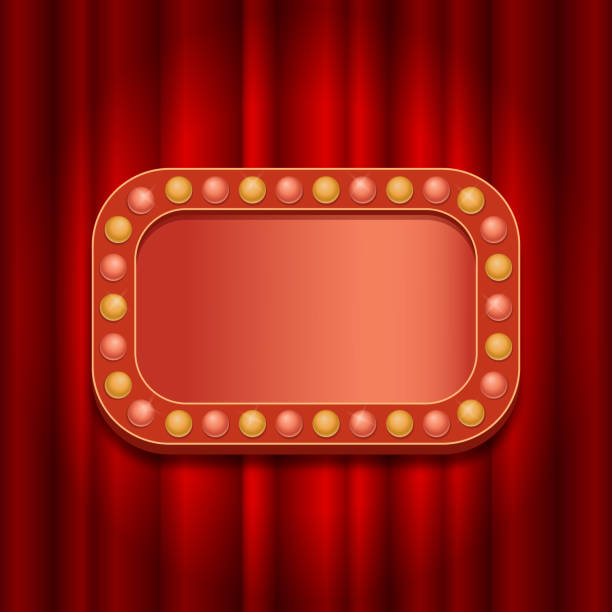 istock Frame template in retro style with light bulbs on the background of a red curtain. Banner for circus, casino, show. 1564922050