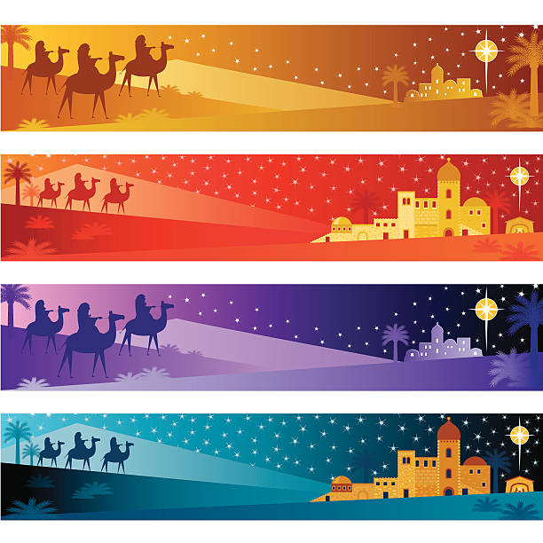 Bethlehem Banners Three Kings in silhouette follow the star to Bethlehem. Room for your text. bethlehem star stock illustrations